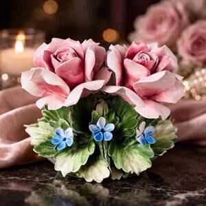 Capodimonte Nuevo Porcelain Bouquet Pink Roses Blue Figurine Italy Floral MCM